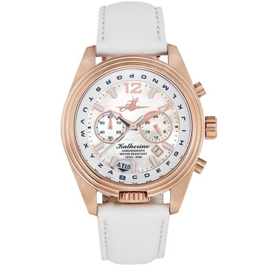 Abingdon Womens Katherine Rose Sun Chronograph ATIS Pilot Watch KA-RSUN with White Leather Strap