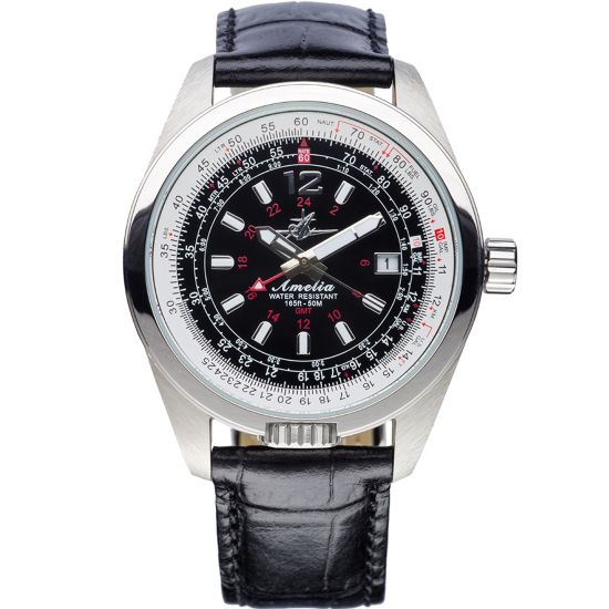 Abingdon Amelia Runway Black GMT Pilot Watch with Black Leather Strap AM-RB