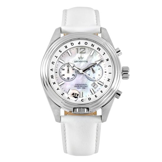 Abingdon Womens Katherine Pearl White Chronograph ATIS Pilot Watch with White Leather Strap KA-PWHI