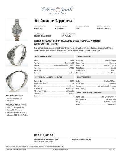 Rolex DateJust 26 Stainless-steel 179160 Mother-of-Pearl Dial Womens 26-mm Automatic self-wind Sapphire crystal. Swiss Made Wrist Watch