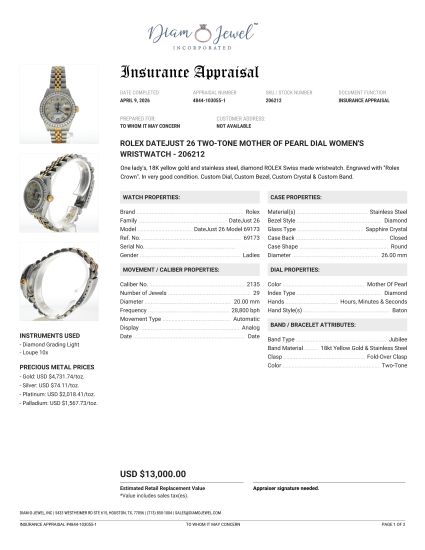 Rolex DateJust 26 Stainless-steel 69173 MOP Dial Womens 26-mm Automatic self-wind Sapphire crystal. Swiss Made Wristwatch.