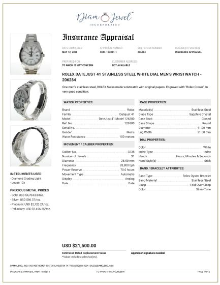 Rolex DateJust 41 Stainless-steel 126300 White Dial Mens 41-mm Automatic self-wind Sapphire crystal. Swiss Made Wrist Watch